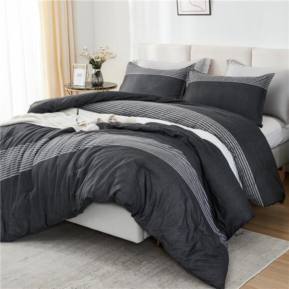 Queen Comforter Set Black White Grey - 3 Pieces Lightweight Summer Bedding Set - Picture 1 of 8